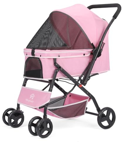 Haustier-Kinderwagen – Hunde-Kinderwagen für mittelgroße Hunde und Katzen mit wendbarem Griff, leicht zu gehender Hunde-Kinderwagens um 360 Grad drehbar, für kleine Hunde mit Netzfenster (Rosa)