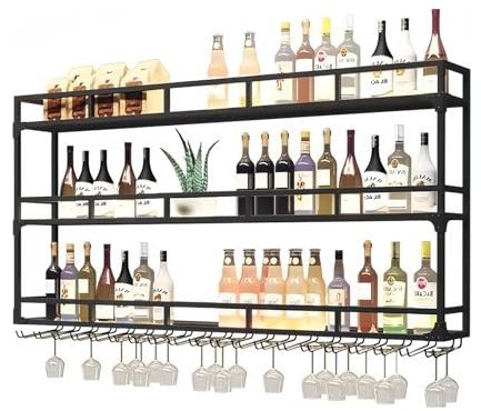 PortabottiglieDa Vino, Portabottiglie Da Parete Con Ripiano Espositivo, 3 Livelli Espositore Per Vino Multifunzionale, Portabottiglie Da Vino A Parete Per Casa, Bar, Ristorante (BLACK, 100*25*90CM)