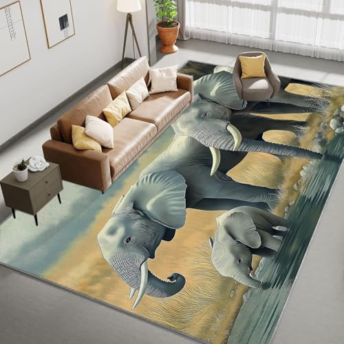 Alfombra Salón Elefante en la pradera 120 x 180cm Alfombra Dormitorio Antideslizante Alfombra Pie de Cama Dormitorio Decorativa Alfombra de Área Moderno Decorativa para Sala de Estar, Comedor