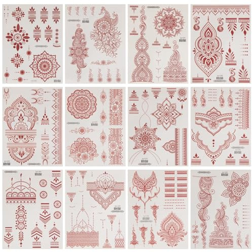 12 Sheets Brown Red Temporary Tattoo Sticker Lace Tattoos Indian Red Tattoo Stickers for Neck Chest Arms Legs