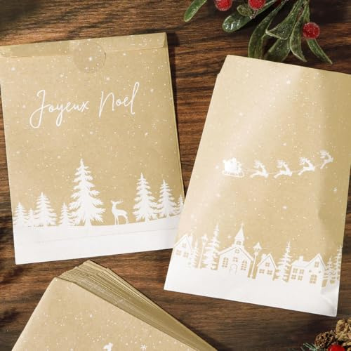 BETESSIN 50 Stück Papiertüten Weihnachten - 13x18cm Weihnachtstüten mit Französischen Motiven - Kraftpapier Geschenktüten Weihnachten - Adventskalender Tüten zum Befüllen mit Geschenkaufkleber