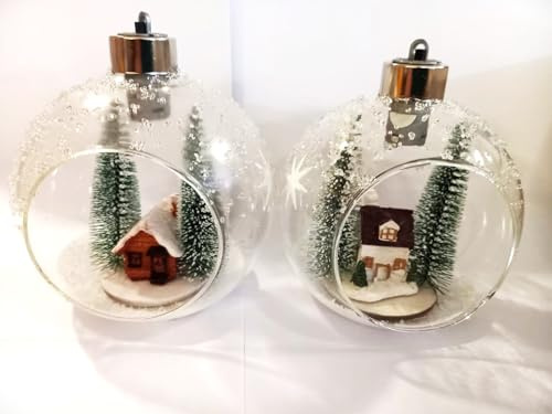 2 Stück im Set Winterkugel Weihnachtskugel Deko-Kugel mit LED-Licht + Timer 10cm aus klarem Glas mit Bäumen, Haus, Schneedeko gefüllt zum hinstellen oder anhängen, für 3X AAA Batterien 1,5V Dekolicht