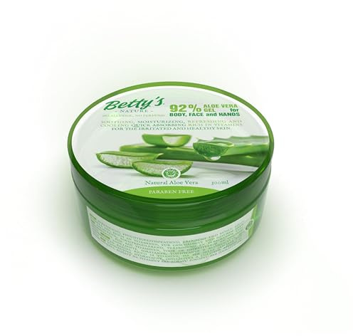 Betty's Aloe Vera Gel 92%, 300ml, Feuchtigkeitsspendende Pflege für Gesicht, Körper Haare und Hände, Paraben-frei