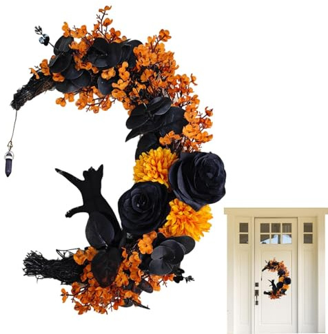 Halloween Moon Cat Wreath | Corona de Halloween para la Puerta Delantera - Luminosa Luna Corona de Gato, decoración de Horror para la Puerta Delantera Decoración de Fiesta en el hogar de