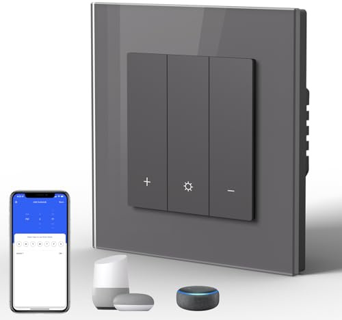 BSEED Smart Dimmer Switches,WiFi Electrical Wall Switch with Glass Frame,Rocker Button with LED Backlight,Horizontal & Vertical Install,Neutral Wire Required,WiFi Dimmer 1 Gang 1 Way,86mm Grey