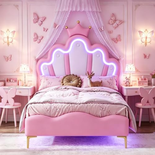 Barnsäng, klädsäng, 90 x 200 cm, barnsäng, flicka, enkelsäng med LED, sängram med ribbotten, ungdomssängar med justerbar LED-sänggavel och ribbotten, utan madrass (rosa, 90 x 200 cm)