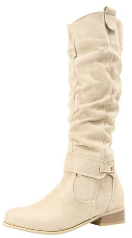 Xbemkste västerländska stövlar dam mocka blockklack dragkedja cowboystövlar höga stövlar slouchy stövlar eleganta långa stövlar damstövlar vinterskor, Beige, 40.5 EU