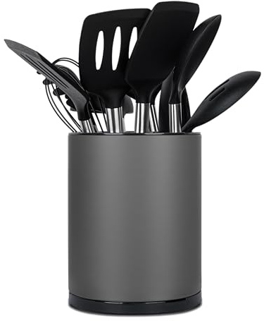 Haiyouneer 360° drehbar Küchenutensilienhalter für Arbeitsplatte groß Utensilienhalter Küche für Küchentheke Edelstahl Utensil Organizer für die Arbeitsfläche Utensilientöpfe 3 Fächer (Dunkelgrau)