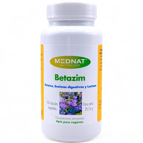 Mednat Betazim 60 Cápsulas Vegetales - Complejo de Enzimas Digestivas con Betaína HCl y Lactasa - Alivio de Digestiones Pesadas, Gases e Intolerancia a la Lactosa - Apoyo Acidez Estomacal
