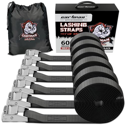 Cartman 1 x 12' Lashing Straps Cargo Tie-Down Strap Up to 600lbs, 6pk in Carry Bag, Black