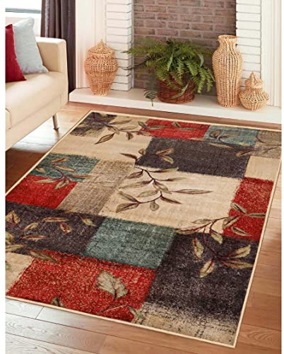 BNM Indoor Large Area Rug with Jute Backing, Great for Entryway, Living Room, Kitchen, Dorm, Bedroom, Hallway, Hardwood or Tile Floor Cover, Patchwork Leaves Indoor Area Rug, 4' x 6'