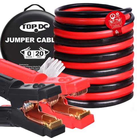 TOPDC Jumper Cables Heavy Duty 0 Gauge 20 Feet 1000Amp Booster Cables for Car Battery, Heavy Duty 2/0 Gauge Cables for Diesel Trucks, Protable Jumper Cables Kit with Case, Gloves