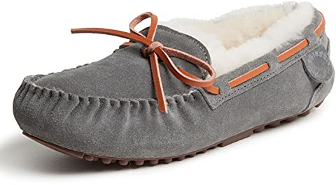 Dearfoams Women's Fireside Water Resistant Indoor/Outdoor Shearling Victoria Moccasin with Tie Slipper