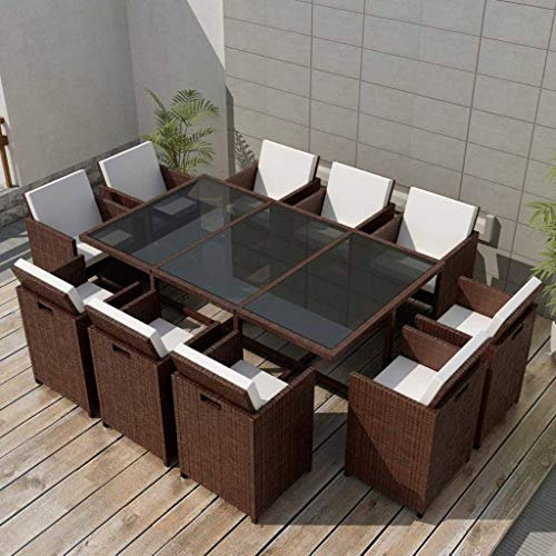 Tidyard 34-TLG. Garten Essgruppe Polyrattan Gartengarnitur Sitzgruppe Stahlrahmen Gartenmöbel aus 1 Tisch mit Glasplatte, 10 Stühle und 20 Kissen - Braun