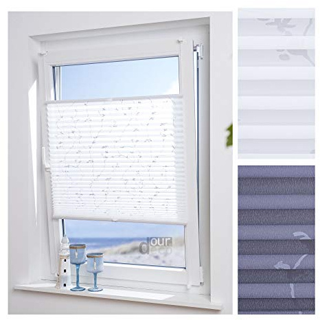 ourdeco® Plissee / 55 x 210 cm Weiß, bedrucktes Blumenmotiv Ranke/lichtdurchlässig, Blickdicht/Farbe: Weiß Ranke/Klemmen=Montage ohne Bohren=Smartfix=Klemmfix-Plissee=Easy-to-fix