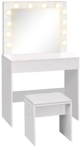HOMCOM Postazione Trucco, Toeletta Trucco con Specchio, 12 Luci LED, Sgabello Imbottito e Ampio Cassetto in Legno, 80x40x140 cm, Bianco