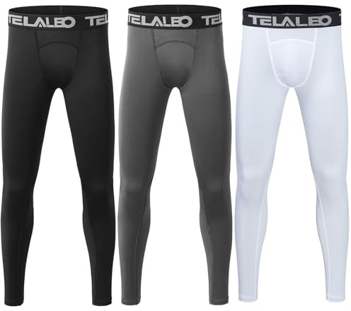 TELALEO 3 Pack Boys' Youth Compression Leggings Tights Base Layer Athletic Pants for Sports Basketball Hockey Baseball Running Black Grey White 3 Pack S