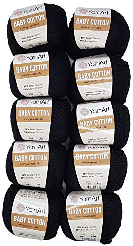 10 x 50g Strickwolle YarnArt Baby Cotton mit 50% Baumwolle, 500 Gramm Wolle einfarbig (schwarz 460)