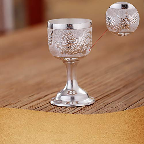 XXSC-ZC Sterling Silver Wine Glass, Liqueur Sherry Shot Glass, Hand-Made Peony Carved Goblet, Suitable for Spirits,Dragon wind