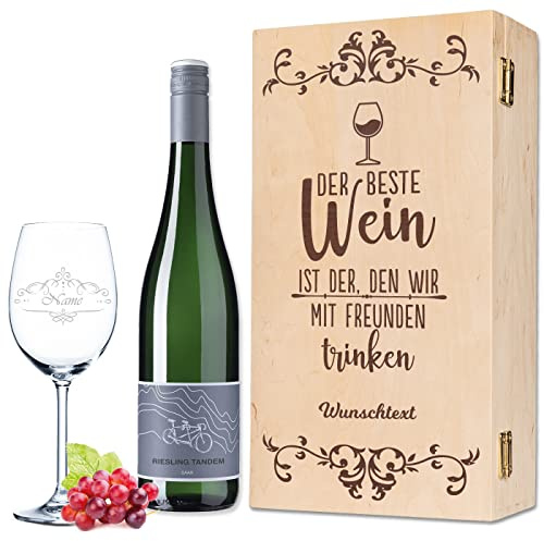 GRAVURZEILE Leonardo Weinglas mit Name - Der beste Wein ist der, den wir mit Freunden trinken - inkl. bedruckter Vintage Holzkiste & Riesling Tandem Weinflasche - Geschenk für beste Freunde & Freundin