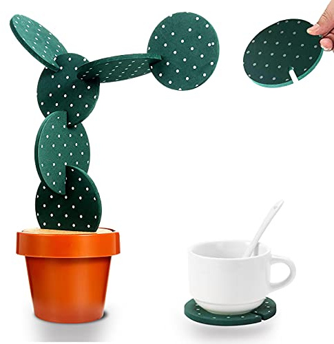 Cactus Coasters Set of 6 DIY Funny Drink Holders with Flowerpot, Novelty Gifts for Bar Home Decor (Green with Point)