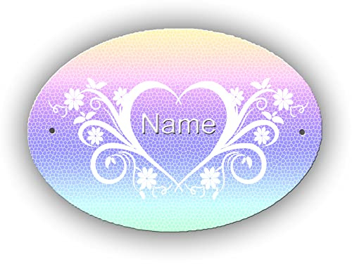 Maus-Design Türschild personalisiert mit Name und Schriftartwahl, Herz | 12,7 x 8,8 x 0,2 cm, 2 Bohrungen, Kunststoff, Oval