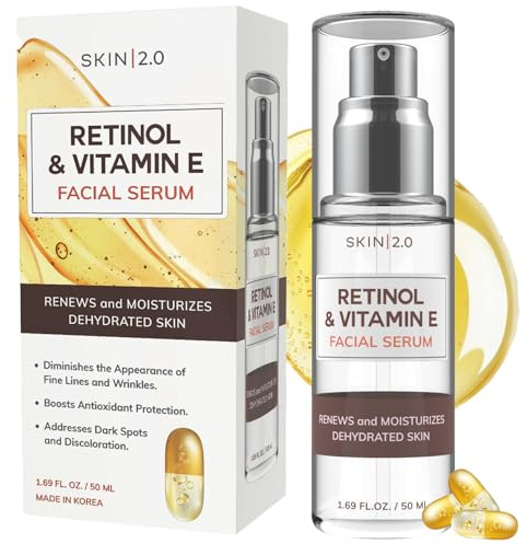 Skin 2.0 Retinol & Vitamin E Face Serum - 1.69 Fl. oz, Cruelty-Free, Reduces Acne Scars, Wrinkles, Anti-Aging, Skin Renewal, Hydrating, Korean Beauty