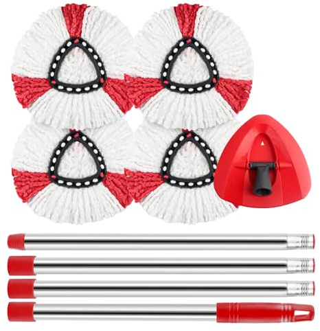 PIMEKOY Spin Mop Head Replacement & Handle Compatible with Vileda Turbo Mop | 4 Microfiber Mop Heads, 1 Triangle Cover, 148cm Long Handle Spin Mop, Vileda Turbo Mop Head Replacement Set for Home, Outdoor