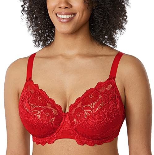 Delimira Women's Full Coverage Non-Foam Floral Lace Plus Size Underwired Bra Lipstick Red 36D