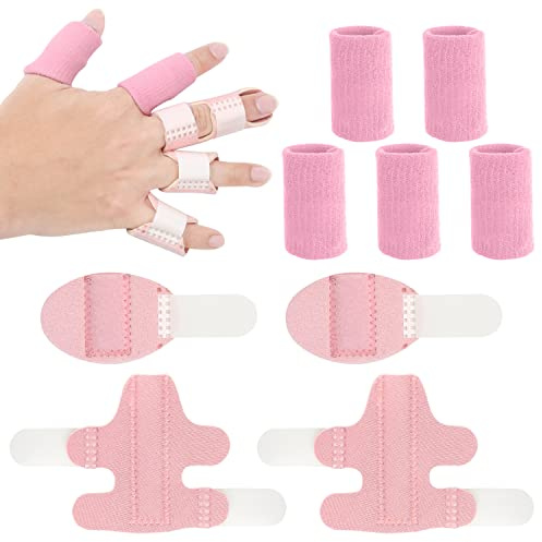 2 Stück Fingerschienen, 2 Stück Kurz Fingerglätter und 5 Stück Fingerhülsen, Verstellbar Finger Stabilisator Brace Fingerstütze für Verstauchte Geschwollene Überanstrengte Finger Mittelfinger(Rosa)