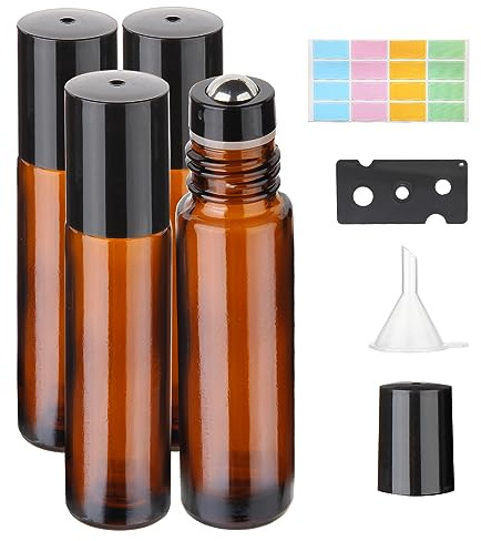 Hyber&Cara 10 ml glasrulle på flaskor, 4 st rullflaskor med rullbollar i rostfritt stål, perfekt för doft, aromaterapi (inkluderar 1 flasköppnare, klistermärke och 1 tratt)