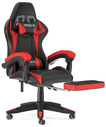bigzzia Silla Gaming，Silla Ergonómica para Videojuegos, Oficina y Estudio, Silla Gaming con Cojín Lumbar y Reposacabezas, Regulable en Altura(con reposapiés, Rojo)