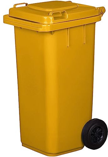 Cubo de basura PN-EN 840 de 120 litros con ruedas | Sistema de enganche para extracción mecánica | de plástico | Color amarillo