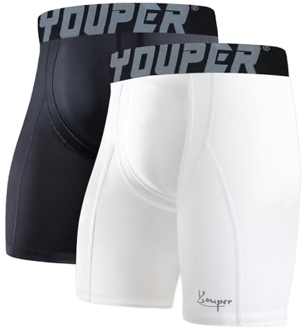 Youper 2-Pack Adult Compression Shorts w/Cup Pocket, Men's Athletic Supporter for Baseball & Football, White & Black, Large