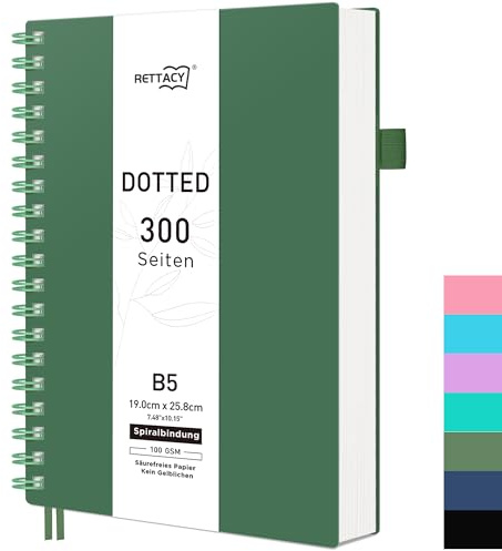 RETTACY Carnet de notes B5 à pois, Bullet Dot Grid Journal, Carnets à spirales 150 feuilles/300 pages pour l'écriture, 100 g/m², couverture rigide PVC, pour femmes, hommes, travail, bureau, école 19 x