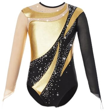 inlzdz Gymnastikanzug Mädchen Glitzer Turnanzug Eiskunstlauf-Body Pailletten Balletttrikot Trikotbody Ärmellos Ballett Trikot Leotard Tanz-Body Gold 158-164