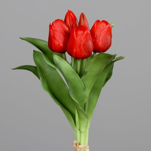 Seidenblumen Roß Tulpenbund Nature Real Touch 32x20cm mit 5 Blüten DP Kunstblumen künstliche Blumen Tulpen (Rot)