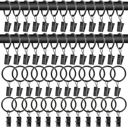 50Pcs Curtain Rings with Clips - Black Metal Drapery Rings with Clips 1.26 Inch Inner,Curtains Hooks,Drapery Hooks for Drapes, Window Hanging Decor Bedroom Living Room
