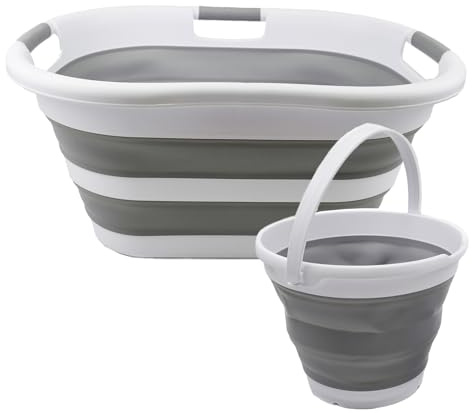 SAMMART 2-teiliges Set: 40 l zusammenklappbarer Kunststoff-Wäschekorb/Waschwanne und 10 l zusammenklappbarer Kunststoffeimer – faltbar und einfache Aufbewahrung (Grau+Grau, Wäschekorb+Eimer)