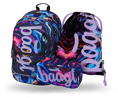 Baagl Schulrucksack Set Mädchen 3 Teilig Schultasche Grundschule - Marble | Ergonomischer Schulranzen für Volksschule, Grundschule Ranzen mit Brustgurt für Mädchen CORE Schulrucksack Set 3 Teilig.