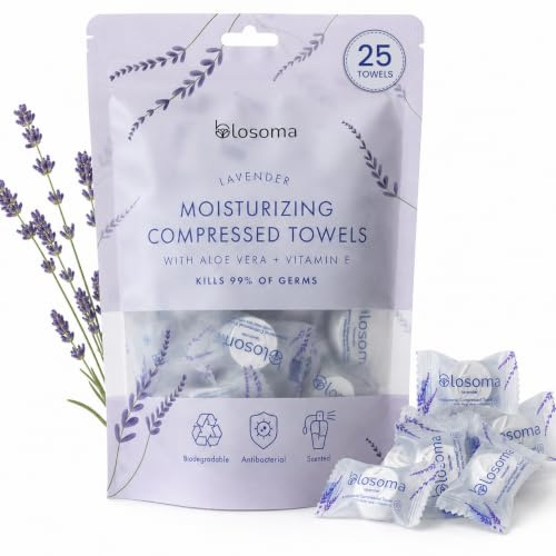 Lavender Moisturizing Compressed Towel, Disposable Mini Tablets Cotton Coin Tissue, Water Activated Rejuvenating Towels for Travel, Camping, Gym, Home Portable Hand Wipe (Pack of 25)