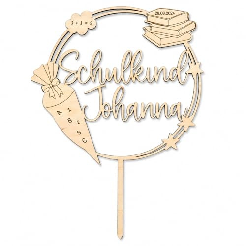 Birdart Box Tortenstecker zur Einschulung mit Namen – personalisierter Tortenstecker aus umweltfreundlichem Holz, stabiler Cake Topper 15cm Durchmesser (Holz Natur, Variation1)