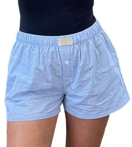 WangsCanis Damen Y2k Pyjama Shorts Gingham Muster Niedlich Pj Kurze Hose Karierte Lounge Shorts Schlafhose Elastische Taille Boxershorts Streetwear (1a Hellblau, M)