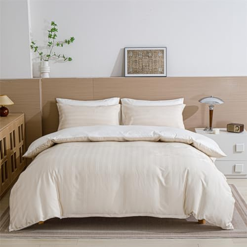 YASMENG Satin Bettwäsche 200x200 Beige Gestreift Bettwäsche Satin Glatt Glänzend Luxus Weich Seidig Seide Bettbezug Set 3 Teilig mit Reißverschluss und 2 Kissenbezüge 80x80 cm