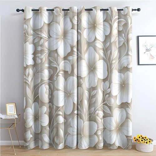 EXSANLIEAY Verdunklungsvorhänge Blumen, Vorhang Blickdicht Weiß Vorhänge mit öSen 2er Set für Schlafzimmer Kinderzimmer, Deko Gardinen Wohnzimmer-260 x 140 cm (H X B)