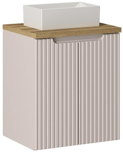 Lomadox Badezimmer Waschtisch 50cm mit Aufsatz-Waschbecken, Kaschmir und Eiche, gerillte Front