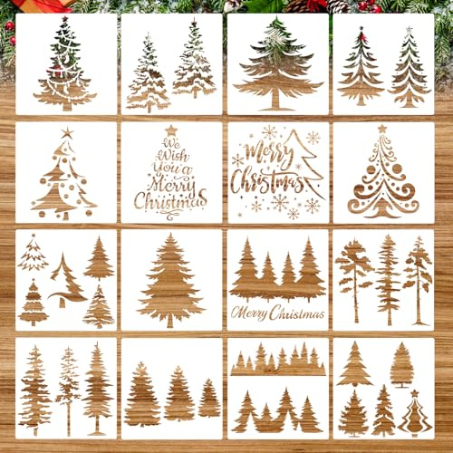 HOWAF 16 Stück Tannenbaum- und Fensterschablonen Weihnachten, wiederverwendbare Plastikschablonen für Malen und DIY Deko
