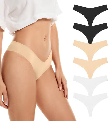 SHARICCA Stringtrosa dam tangas sömlösa sportunderkläder trosor låg midja osynliga trosor multipack, (set om 6) 2 svart 2 vit 2 beige, XL