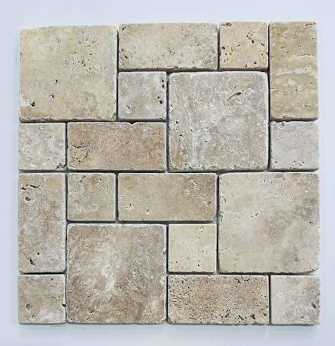 Mosaïque en Pierre Naturelle, Motif Vieilli Ivoire Foncé Travertin, Idéal pour Sols et Murs