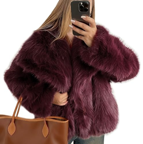 Flygo Damen Kunstpelz Mantel Flauschiges Kunstpelz Jacke Langarm Latz Pelzige Winterjacken Shaggy Parka Kurzer Mantel, weinrot, M